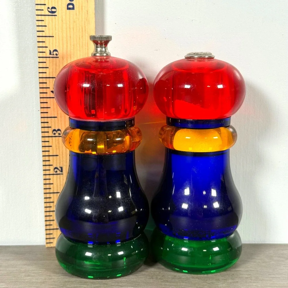 Vtg Olde Thompson Sunset Fiesta Acrylic Salt Pepper Mill Shaker Set Multicolor